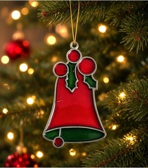 Antique Red Green Glass Holly Bells Silver Framed Christmas Ornament Suncatcher